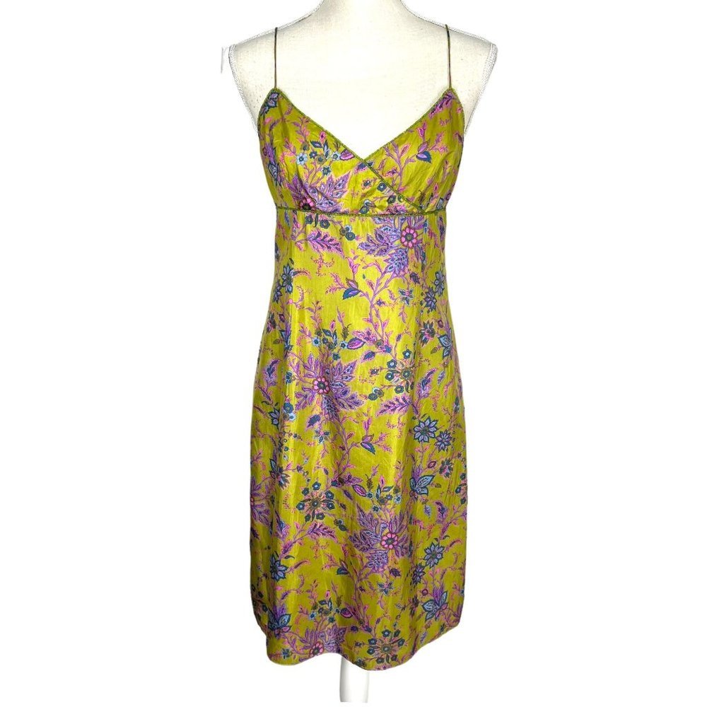 Vintage Y2K Stephen Digeronimo Green Floral Print Silk Spaghetti Strap Slip Dres